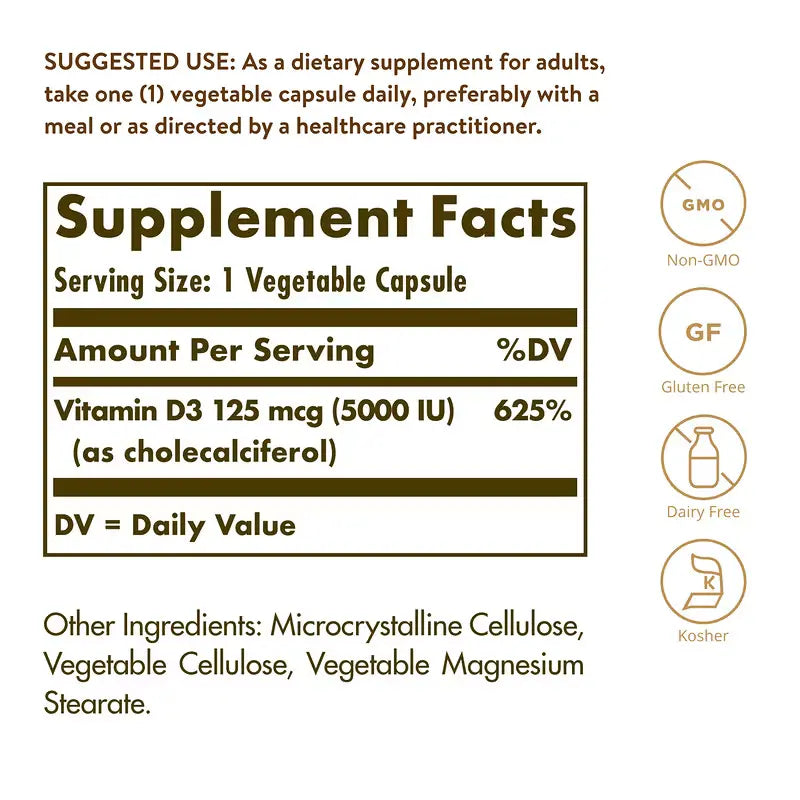 Solgar Vitamin D3 (Cholecalciferol) 125 mcg (5,000 IU) - 240 vcaps