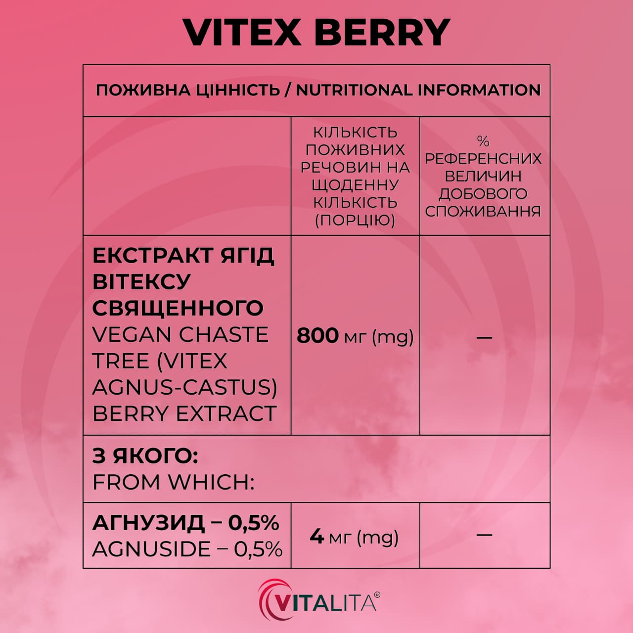 Поживна Цінність / Nutritional Information VITALITA Вітекс / Vitex Berry