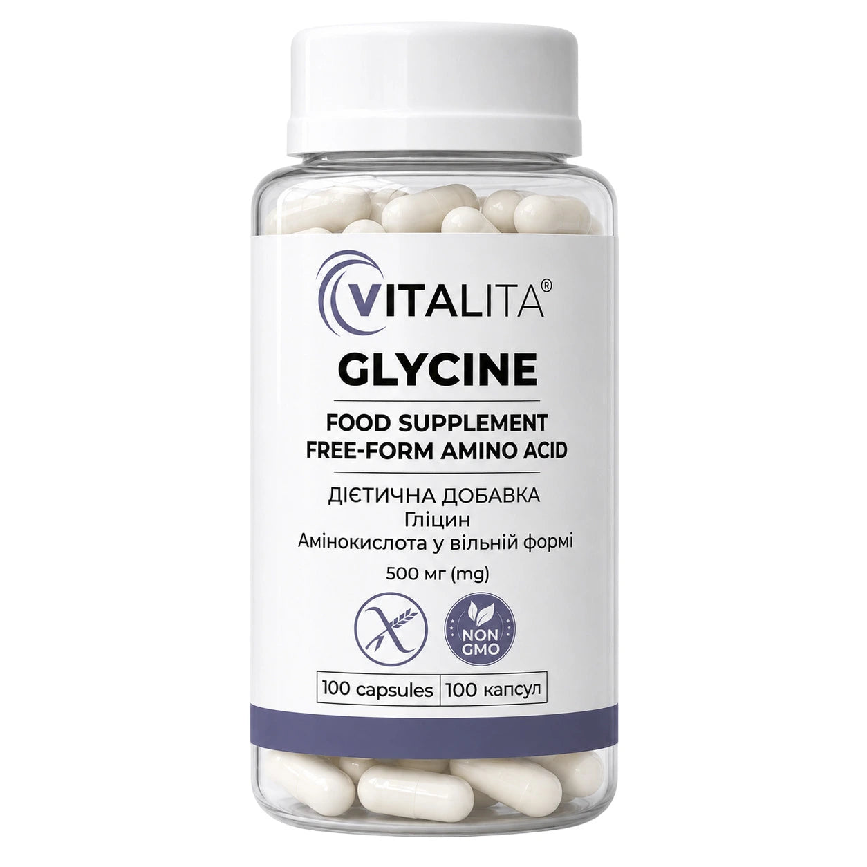 A clear plastic bottle of VITALITA Glycine food supplement with a white cap and white label, containing 100 white capsules, shown on a plain white background.
