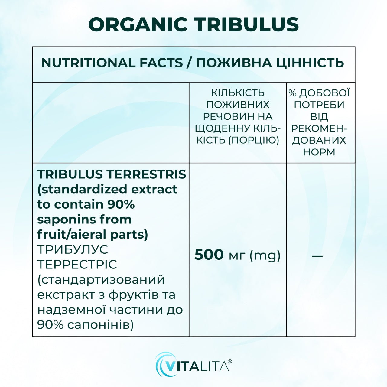 Nutritional Facts / Поживна Цінність VITALITA Органік Трибулус / Organic Tribulus
